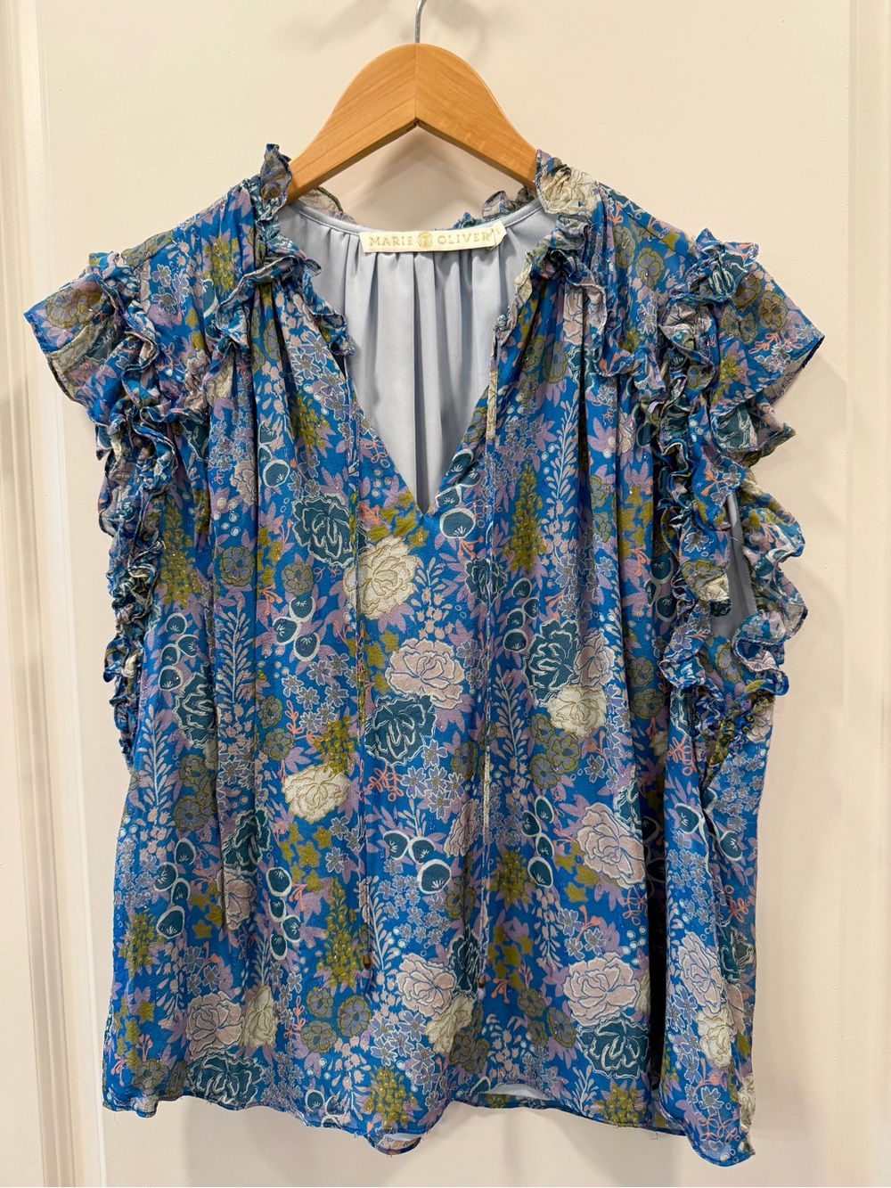 Marie Oliver Silk Ruffle V-Neck Blouse